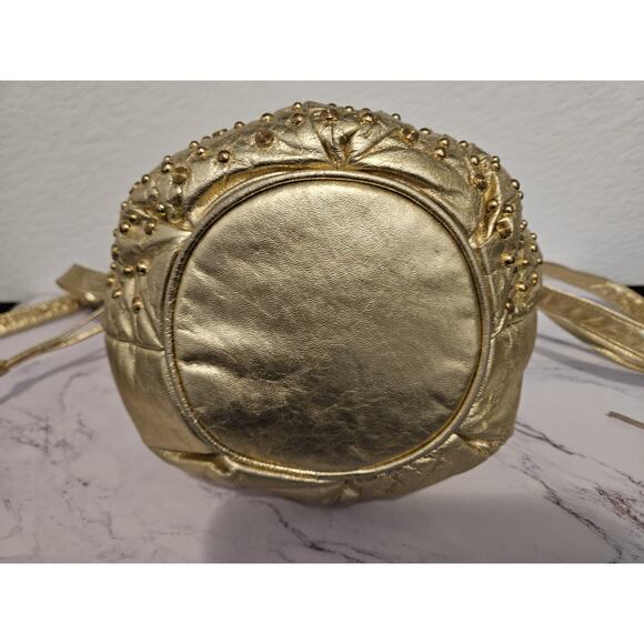 Viva Of California Gold Leather Studded Tassels Vintage Bucket Handbag 11x10x5 - Picture 11 of 14